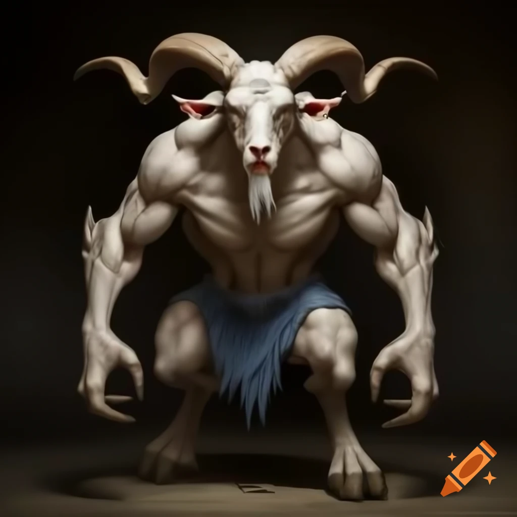 Muscular goat-headed demon with large horns and blue short jeans