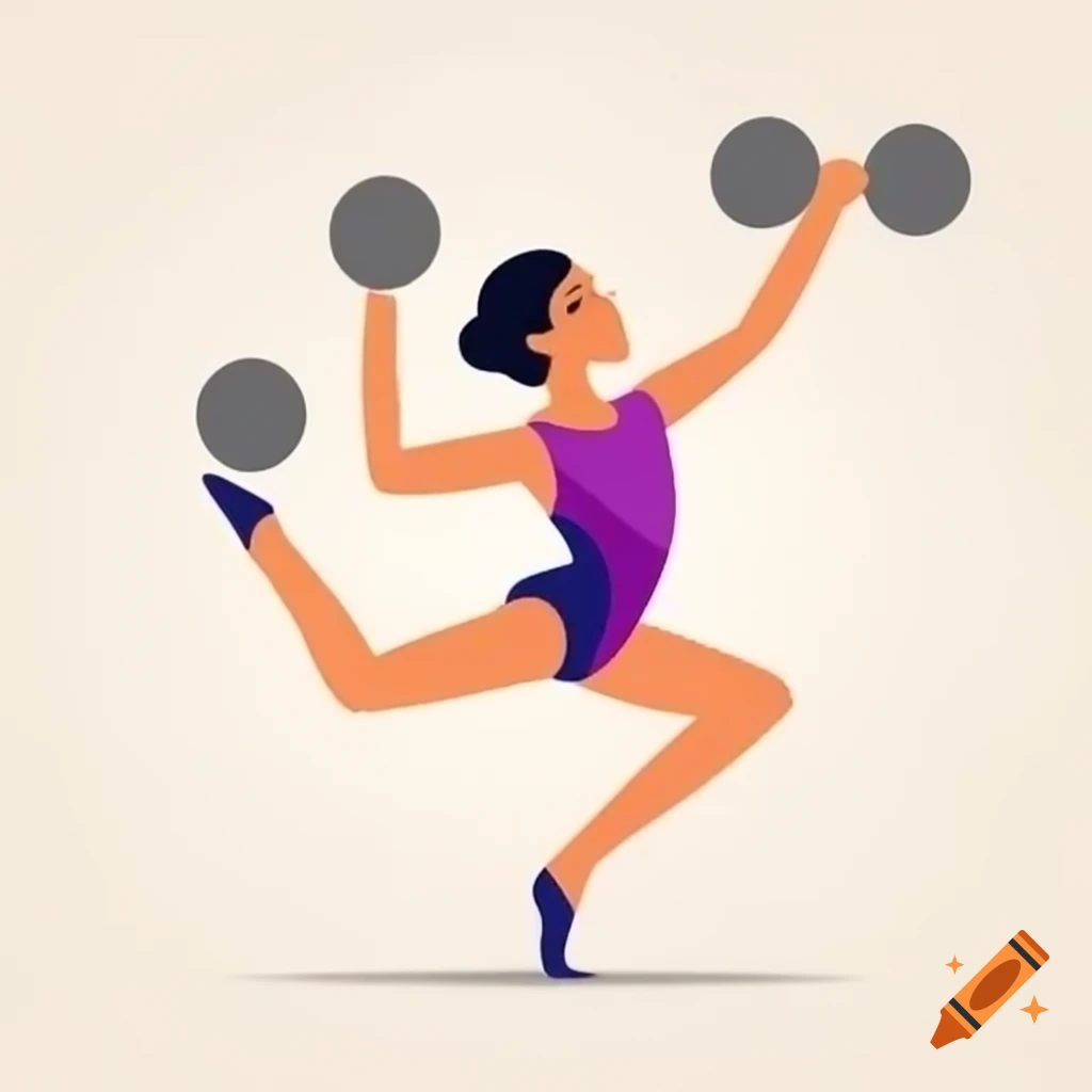 Gymnast bending backwards while juggling weights in a joyful minimalistic style