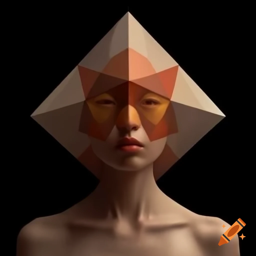 Surreal human figure with geometric head lacking facial features against simple colors