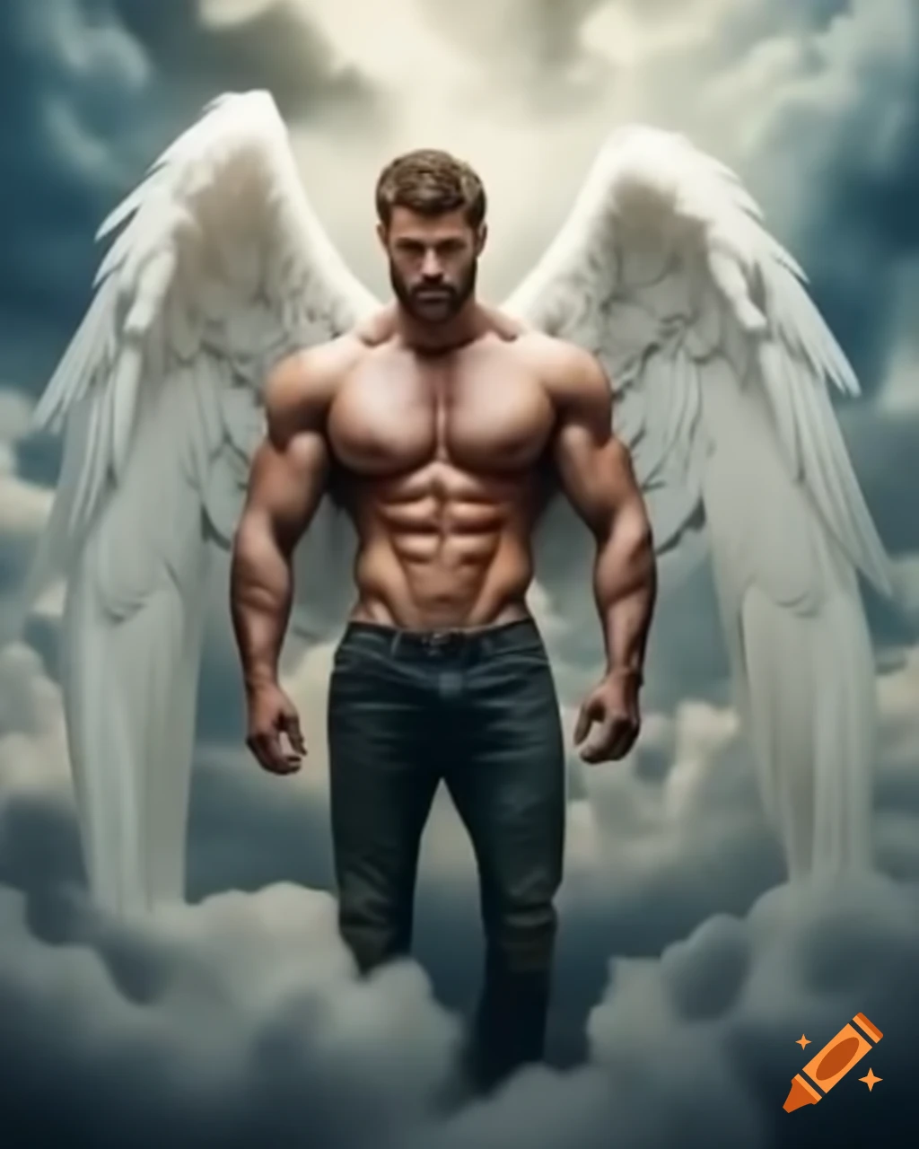 Muscular angel and his human male partner on clouds