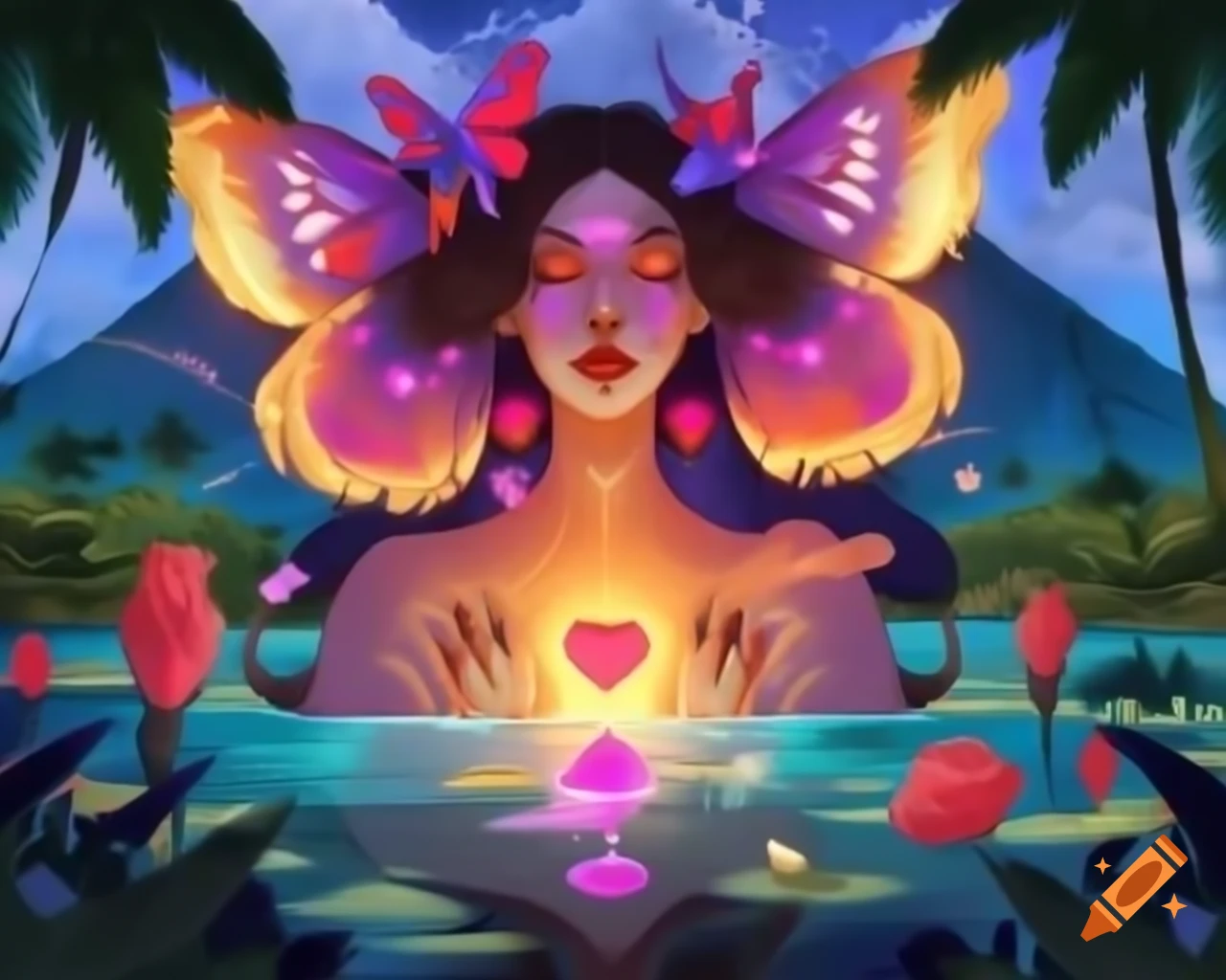 Mystical woman with surreal jeweled wig and freckled face from ancient tales