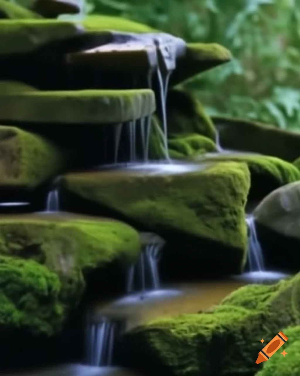 Indoor fountain with cascading water over mossy stones in enchanting light