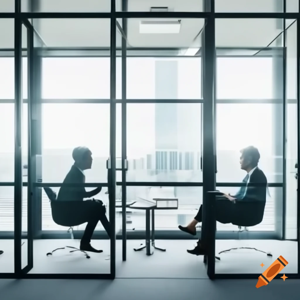 Colleagues engaged in conversation in contemporary glass-walled office