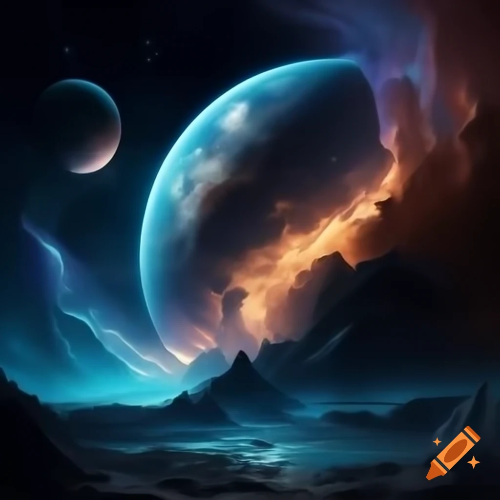 Abstract cosmic landscape on tropical planet at star birth