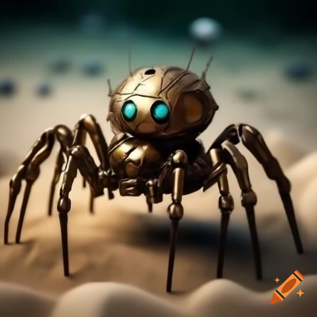 Scary steampunk metal robot spider on sand background