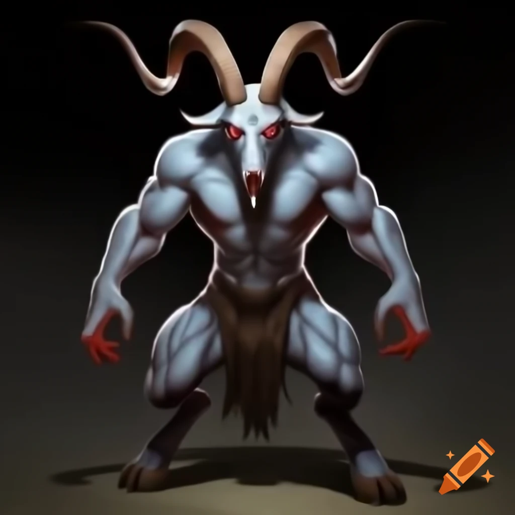 Strong goat-headed demon with large horns and muscular build in standing posture