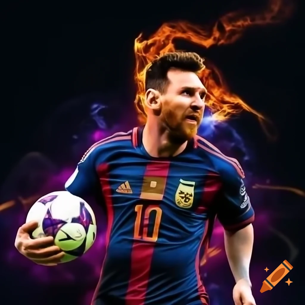 Lionel Messi in dark Argentina jersey striking football with vibrant flames towards galaxy