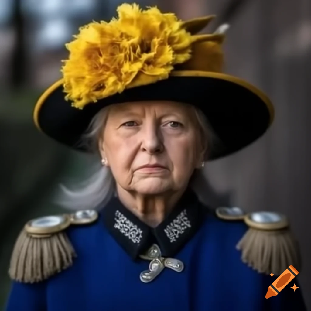 Portrait of stern German woman in yellow hat and blue jacket outdoors