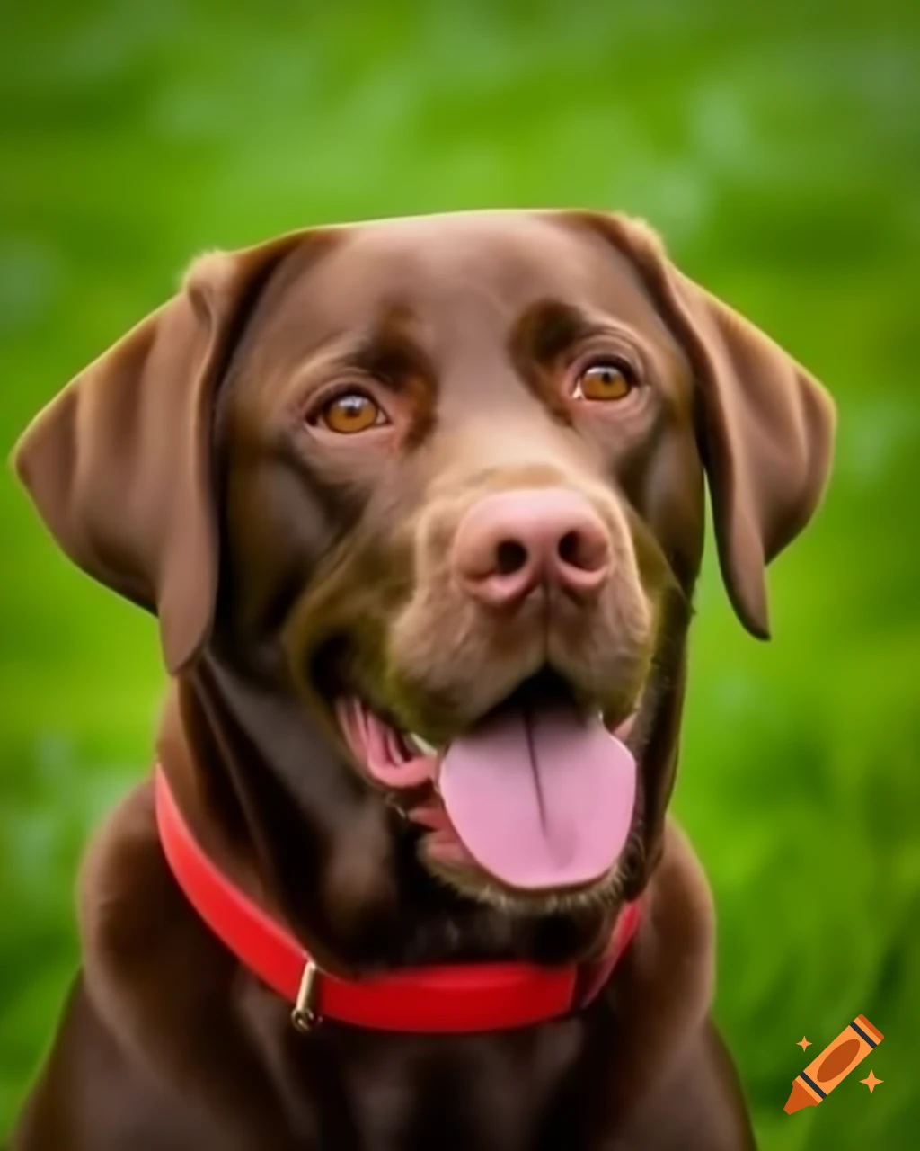 Happy brown Labrador portrait with red collar in green meadow