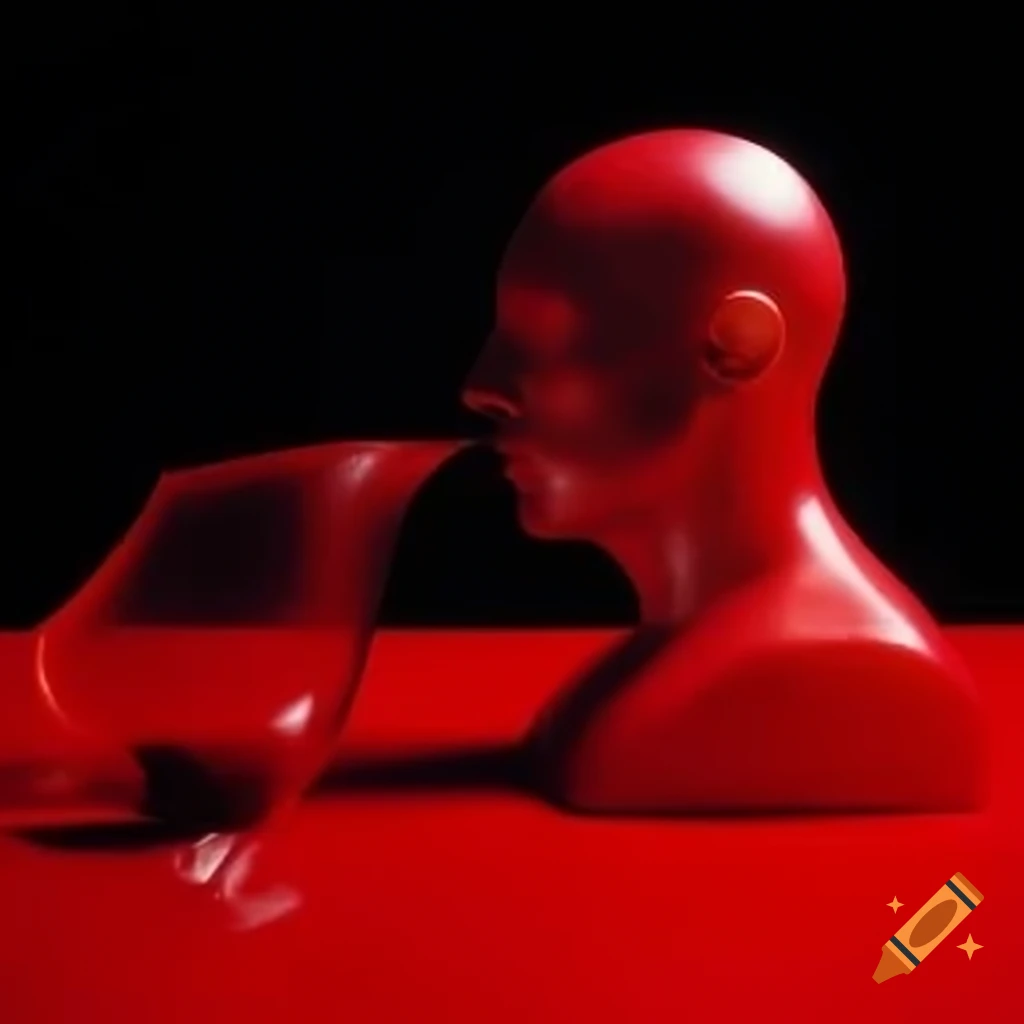 Pop surreal photography featuring red glass statue from the 2000s