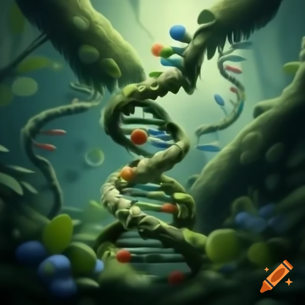 DNA double helix jungle with molecules as trees amidst leaves and flowers