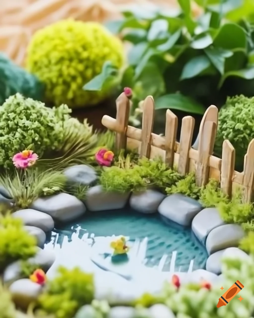 Miniature garden with blooms and a weathered well surrounded by greenery