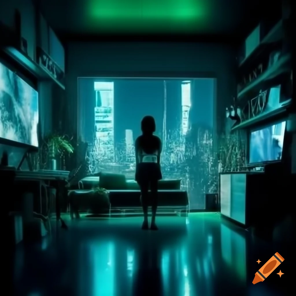 blonde-woman-in-stylish-dimly-lit-bedroom-with-futuristic-windows-and