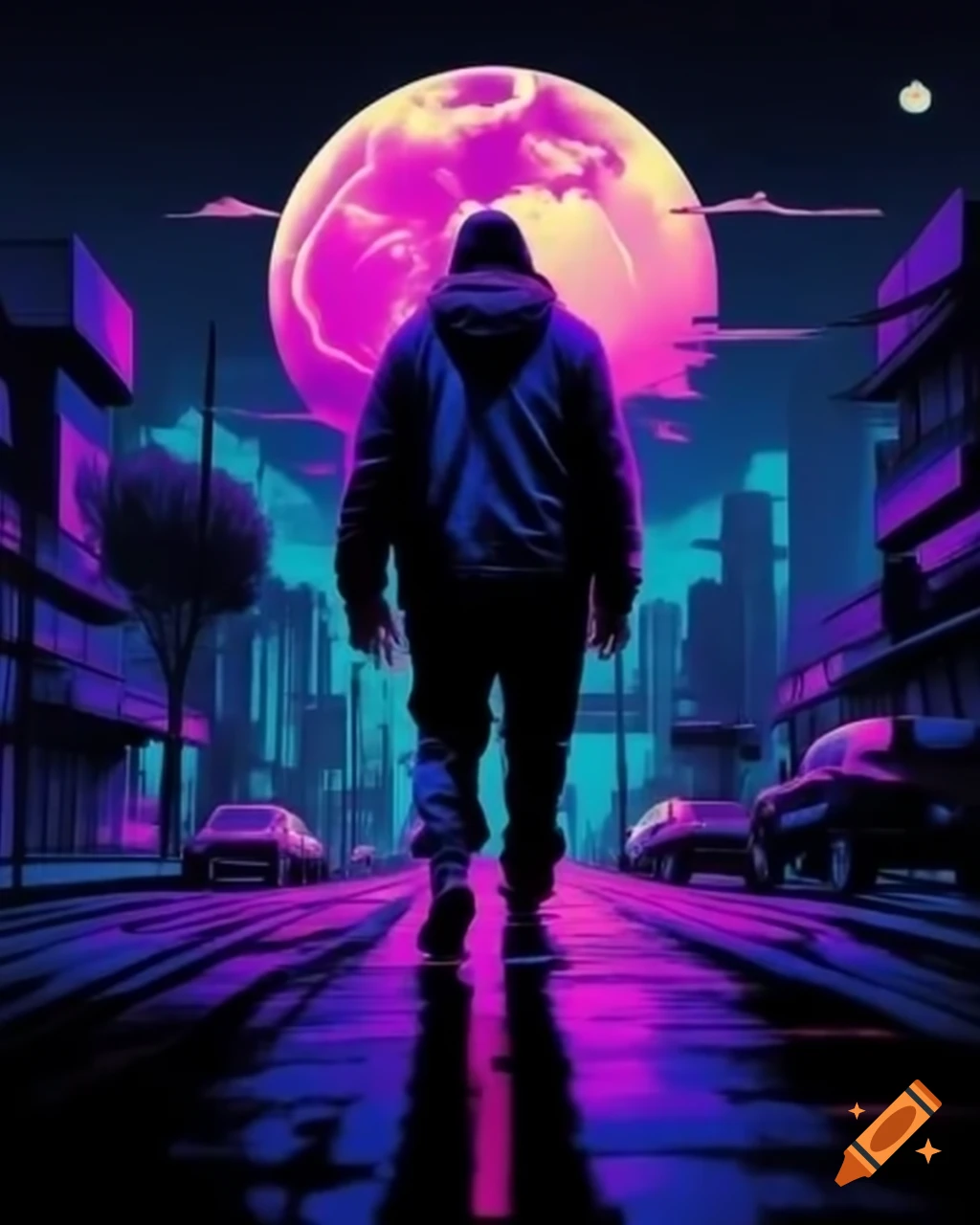 Zombie on a road with neon colors and a full moon