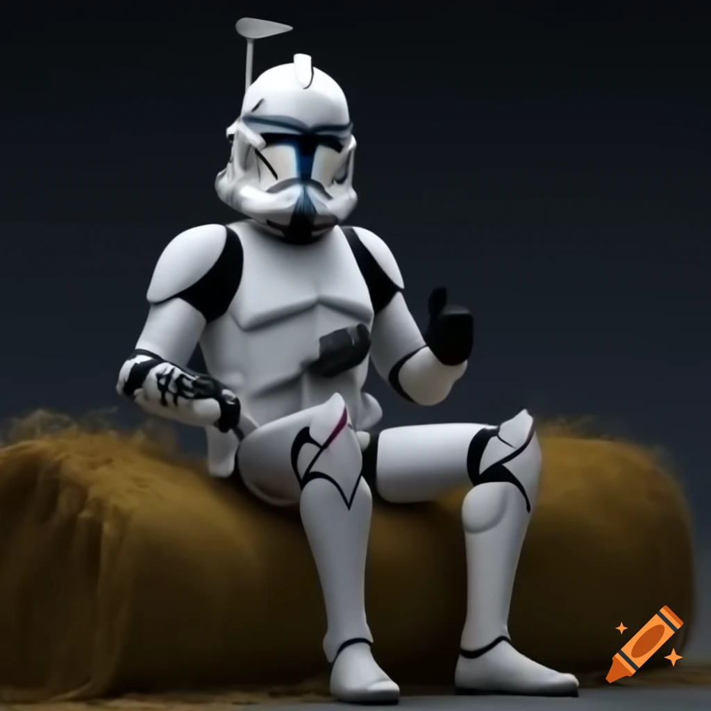 Clone trooper giving a thumbs up while sitting on a haystack