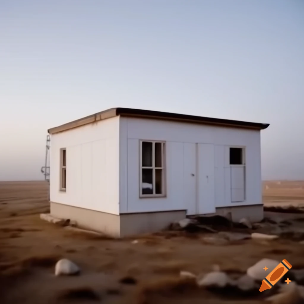 Solitary white flat-roofed cabin in arid environment with sparse vegetation