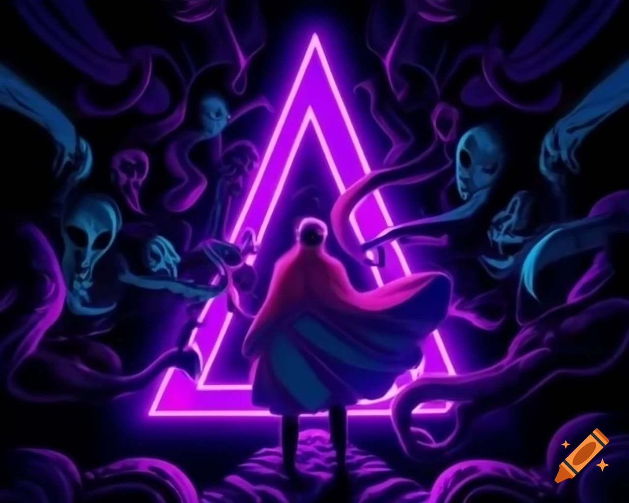 Surreal fantasy illustration with neon colors and purple lighting