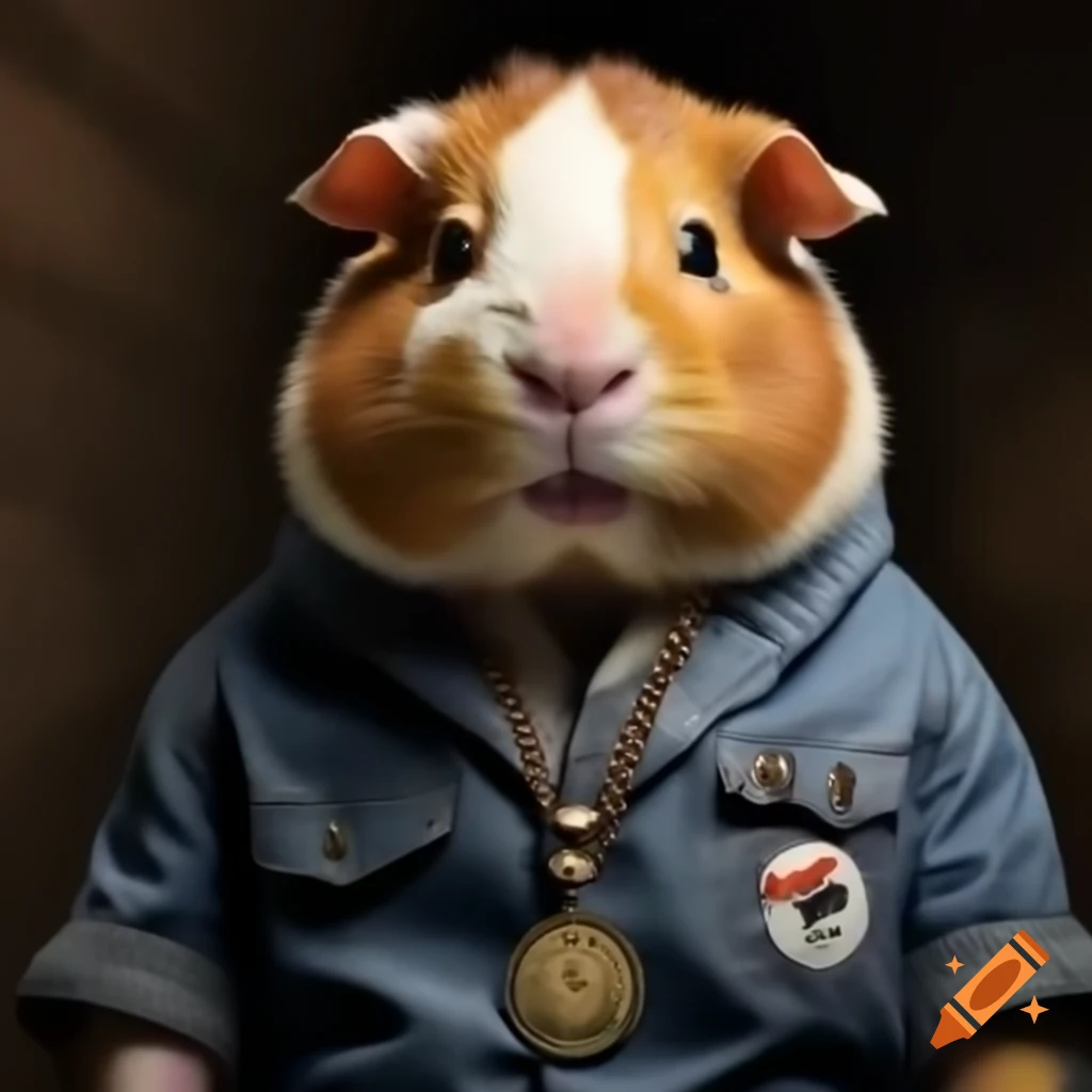 Guinea pig dressed as rapper sporting a pig medallion