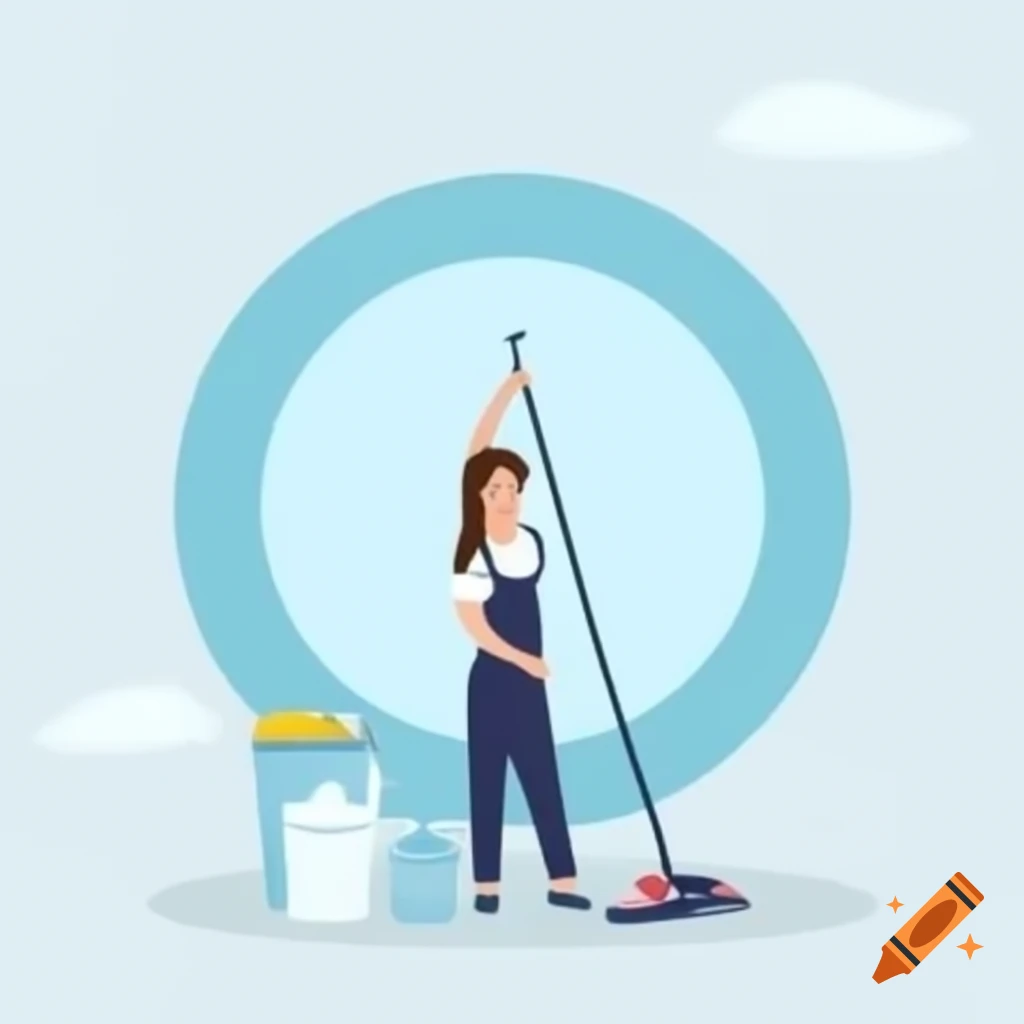 Cleaning lady polishing large circular mirror in spacious interior