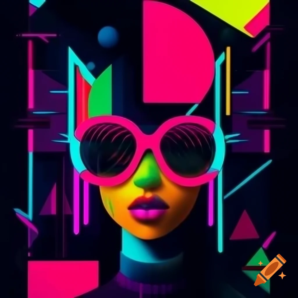 Abstract artwork with neon colors, geometric shapes, and layered textures
