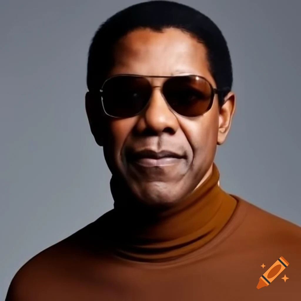 Denzel washington in sunglasses and brown turtleneck shirt on grey