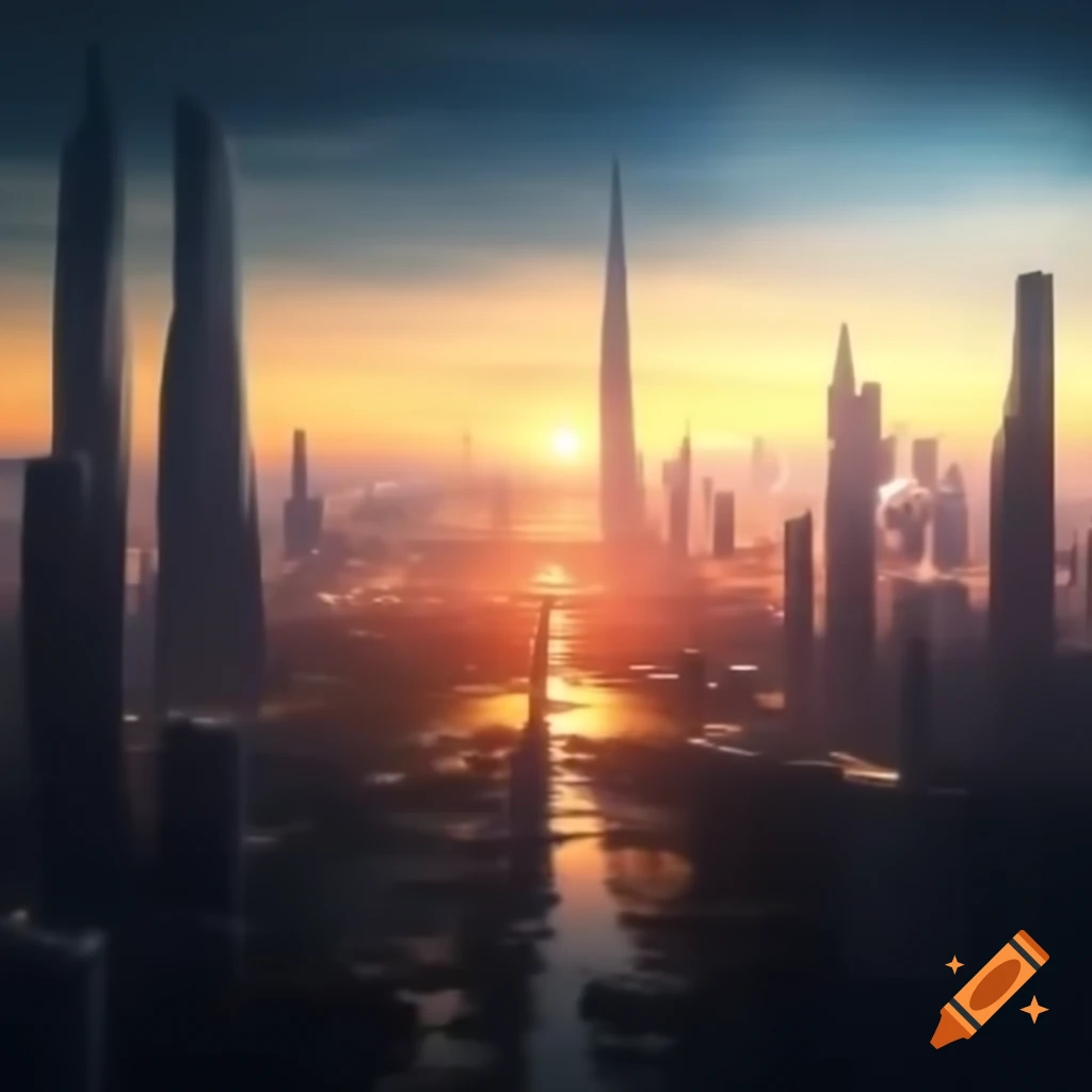 Futuristic city skyline illuminated by sunset