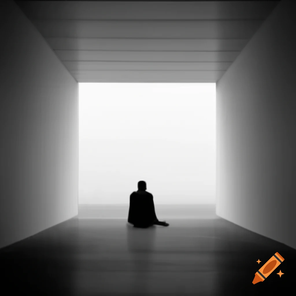 Solitary figure seated against empty hall's white wall, embodying loneliness