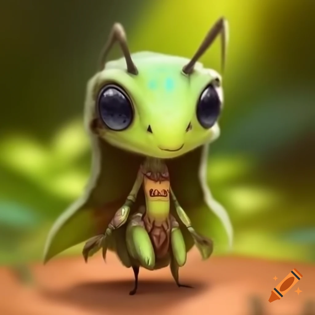 Chibi female mantis-like humanoid in tribal clothing