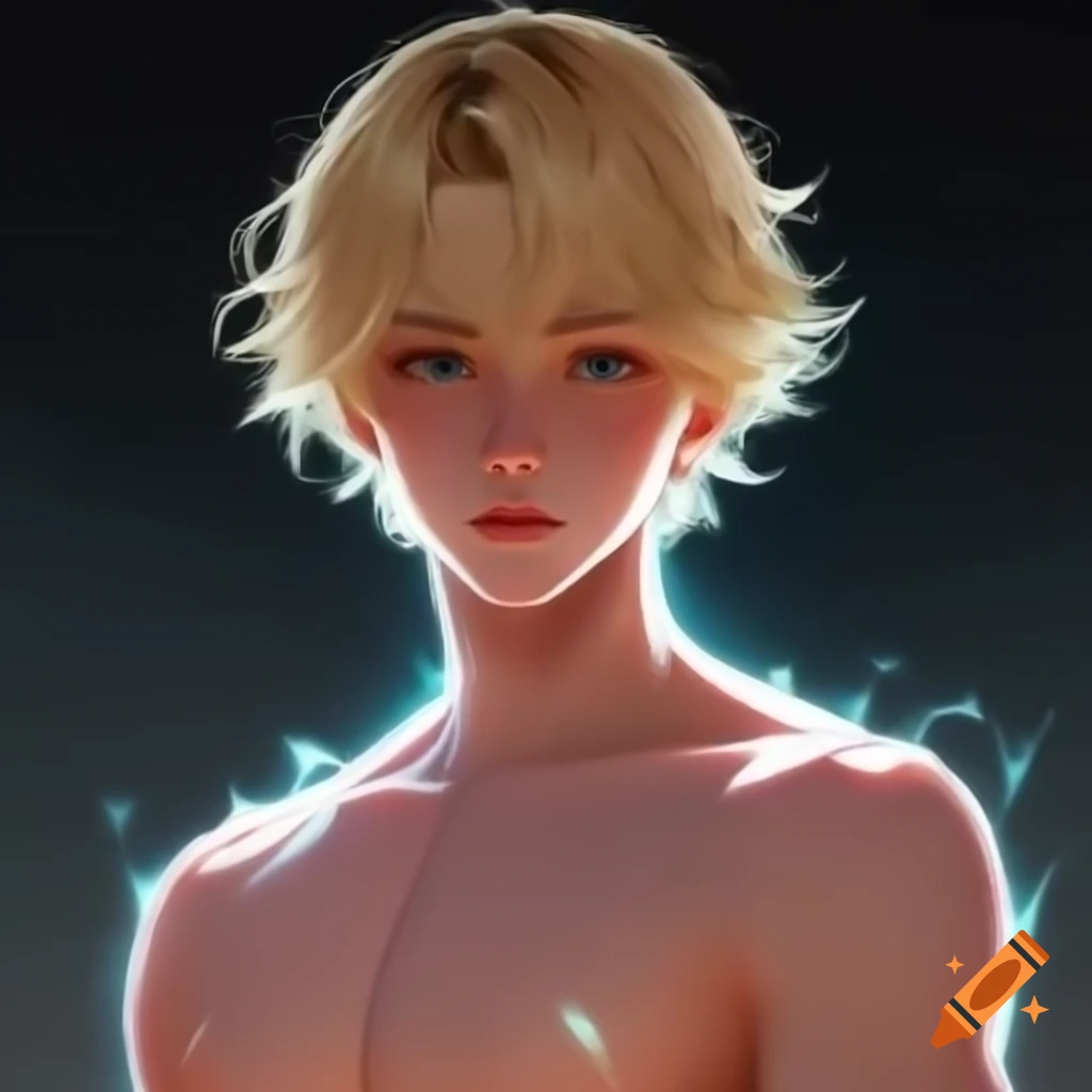 Anime character with wavy blonde hair and glowing outline against stardust background