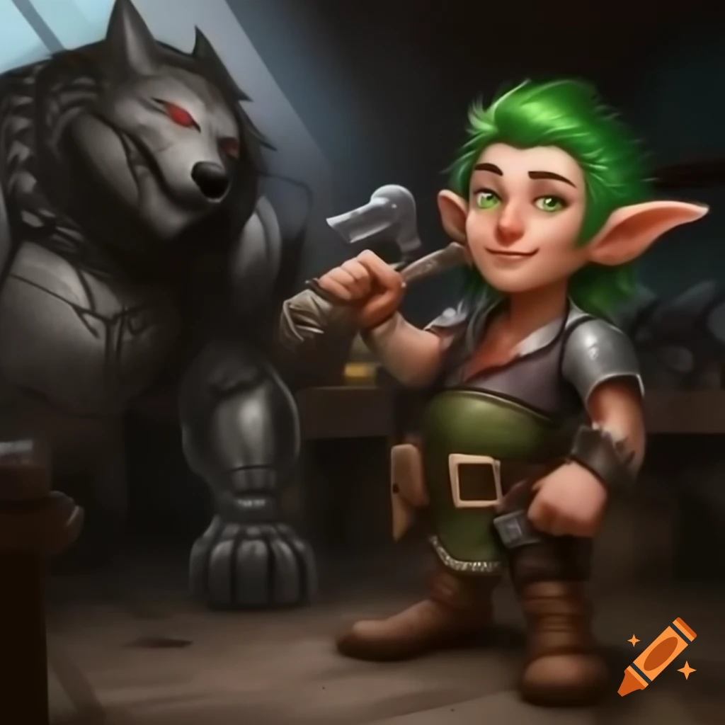 Young male gnome artificer with green hair and giant wrench beside robotic wolf in workshop