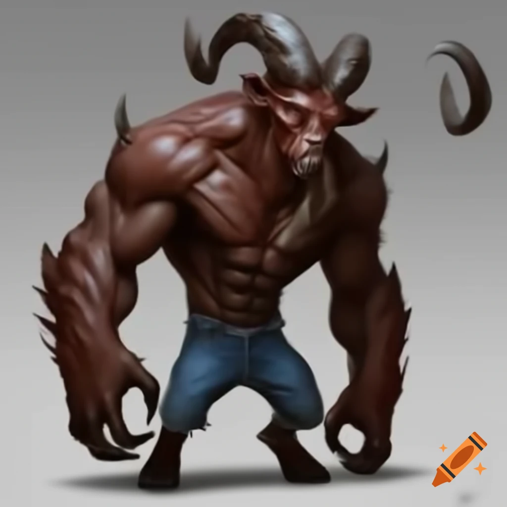 Muscular goat-headed demon with large horns and blue short jeans