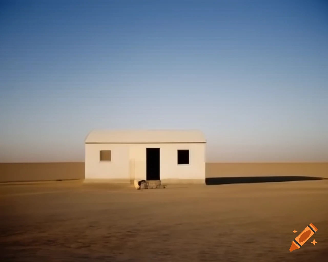 Landscape of white flat-roofed Middle Eastern cabin in dry environment