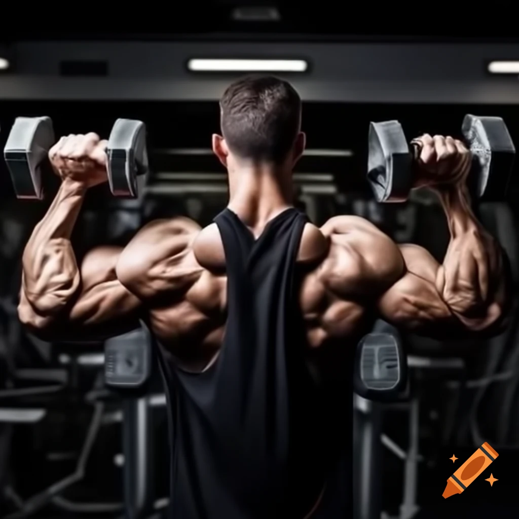 Bodybuilding male lifting weights while wearing a t-shirt