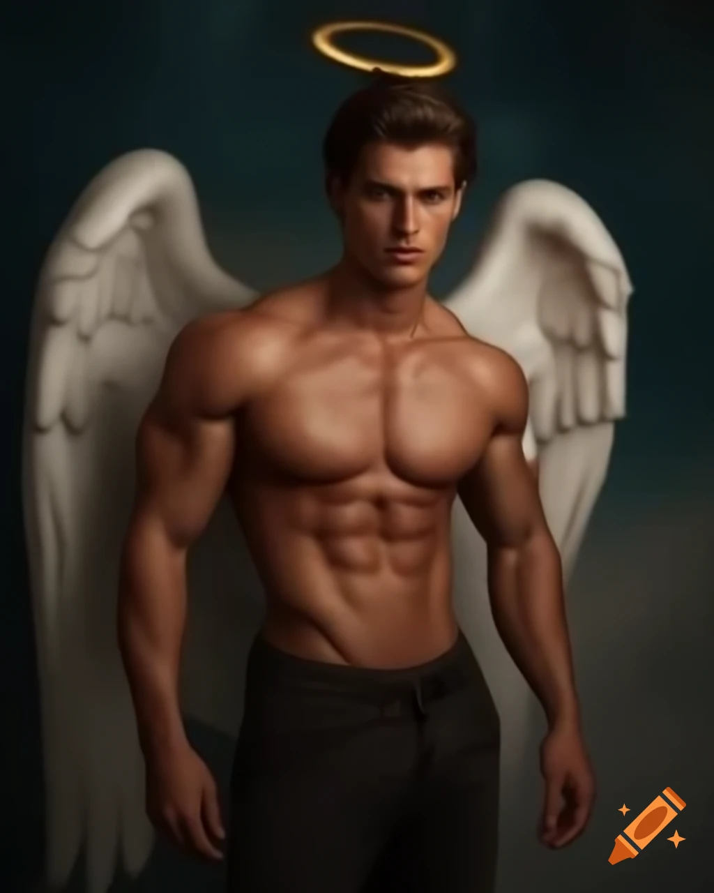 Muscular angel with human boyfriend in a heavenly setting