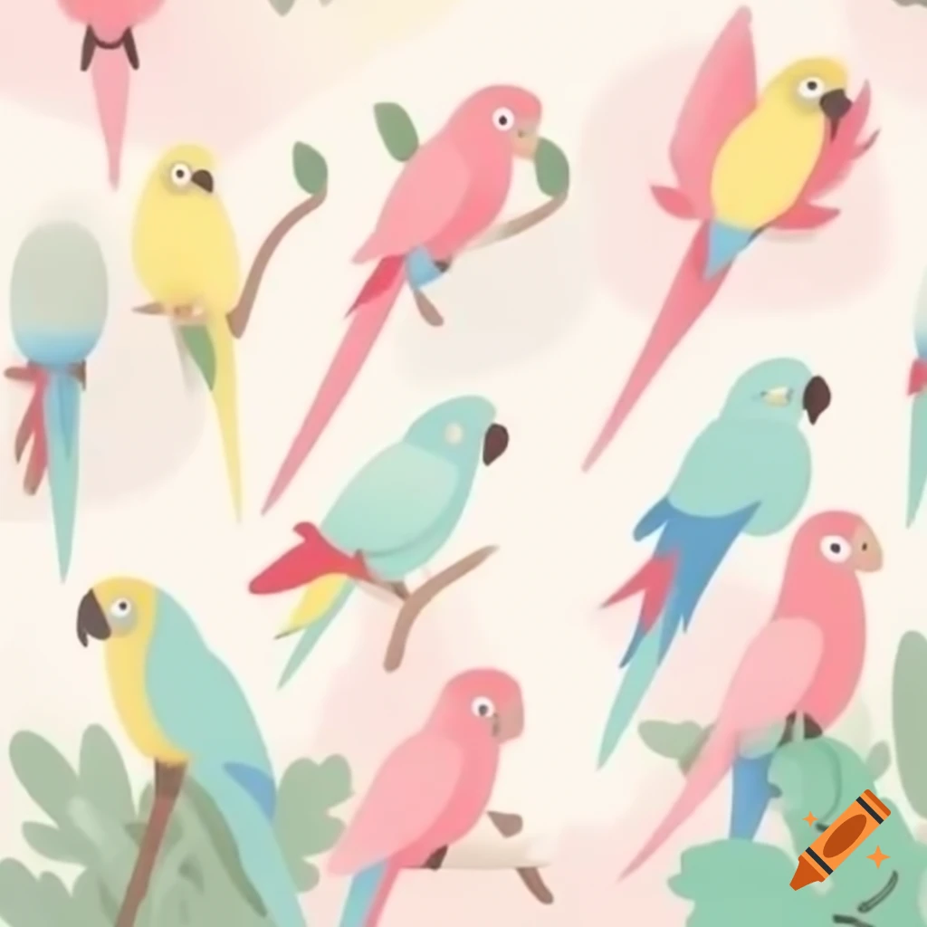 Colorful cartoon parrots in a pastel aesthetic backdrop