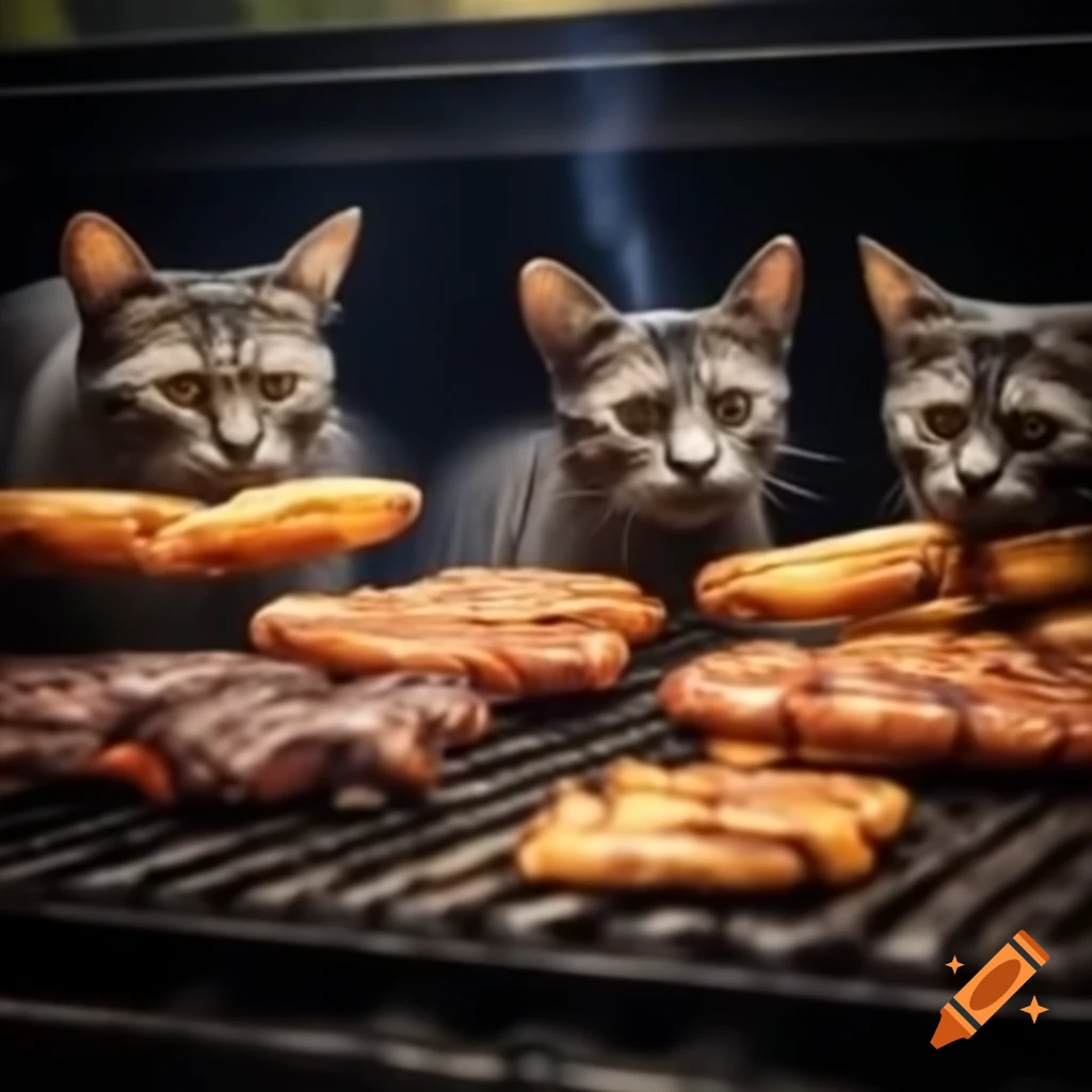 Scene of street barbecue with three cats nearby