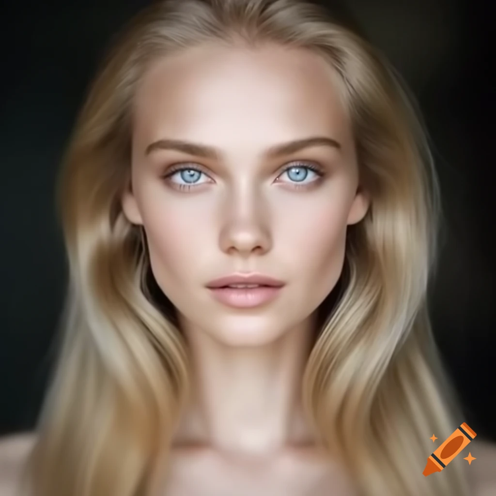 Slender woman with long blonde hair and blue eyes posing