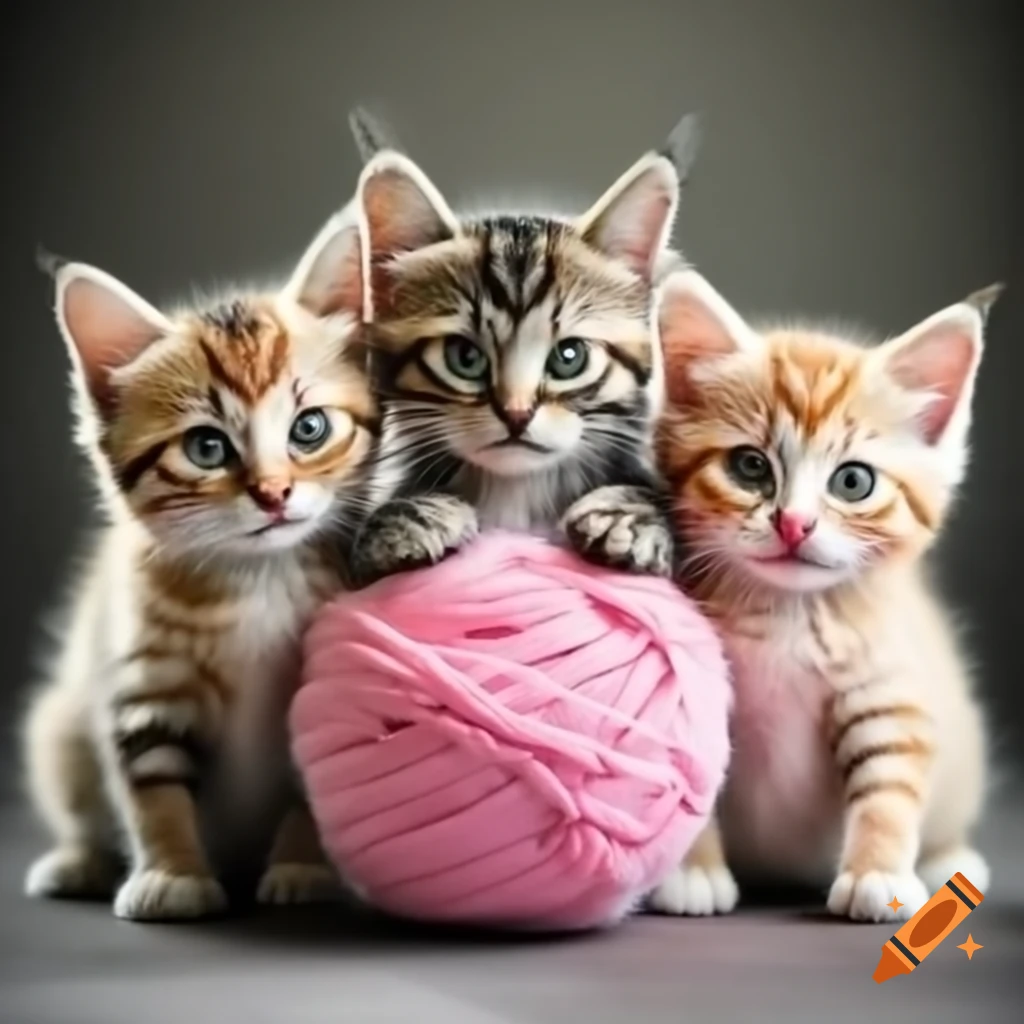 Three kittens playing with baby pink yarn ball