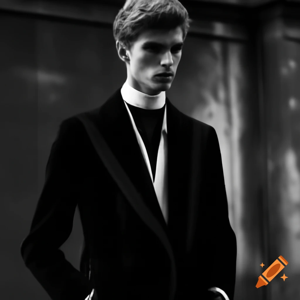 Saint Laurent model in dark theme formal attire by Hedi Slimane