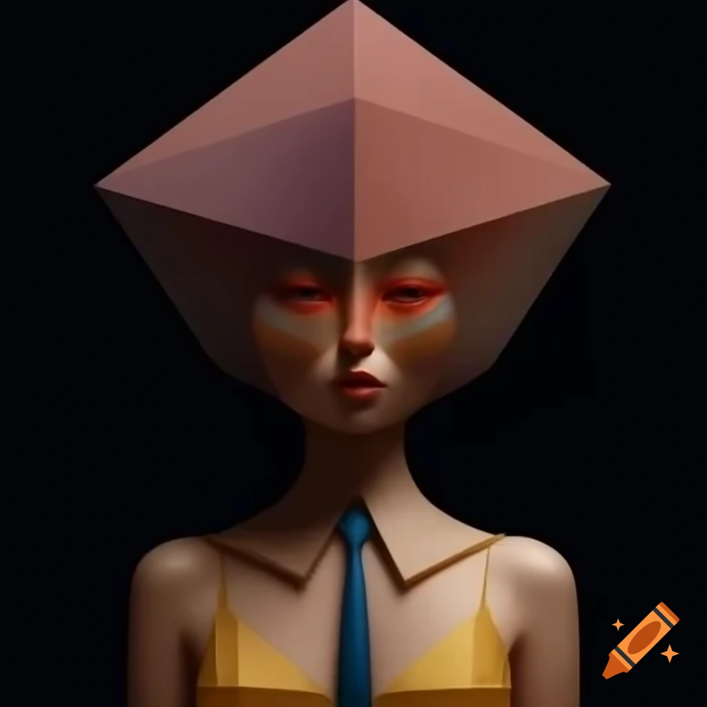 Surreal human with geometric head and smooth forms against simple colors