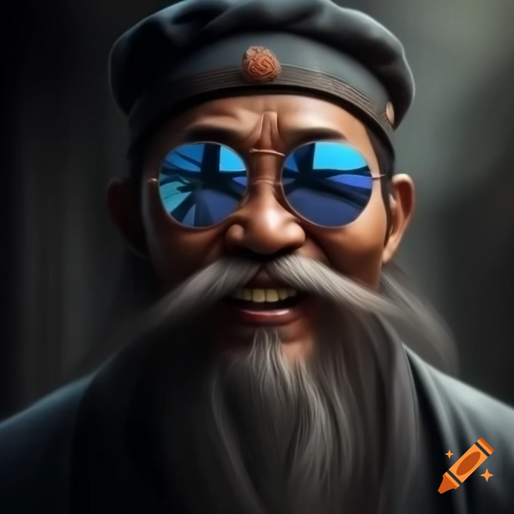 Graffiti artwork of smiling Chinese old man with long beard and sunglasses