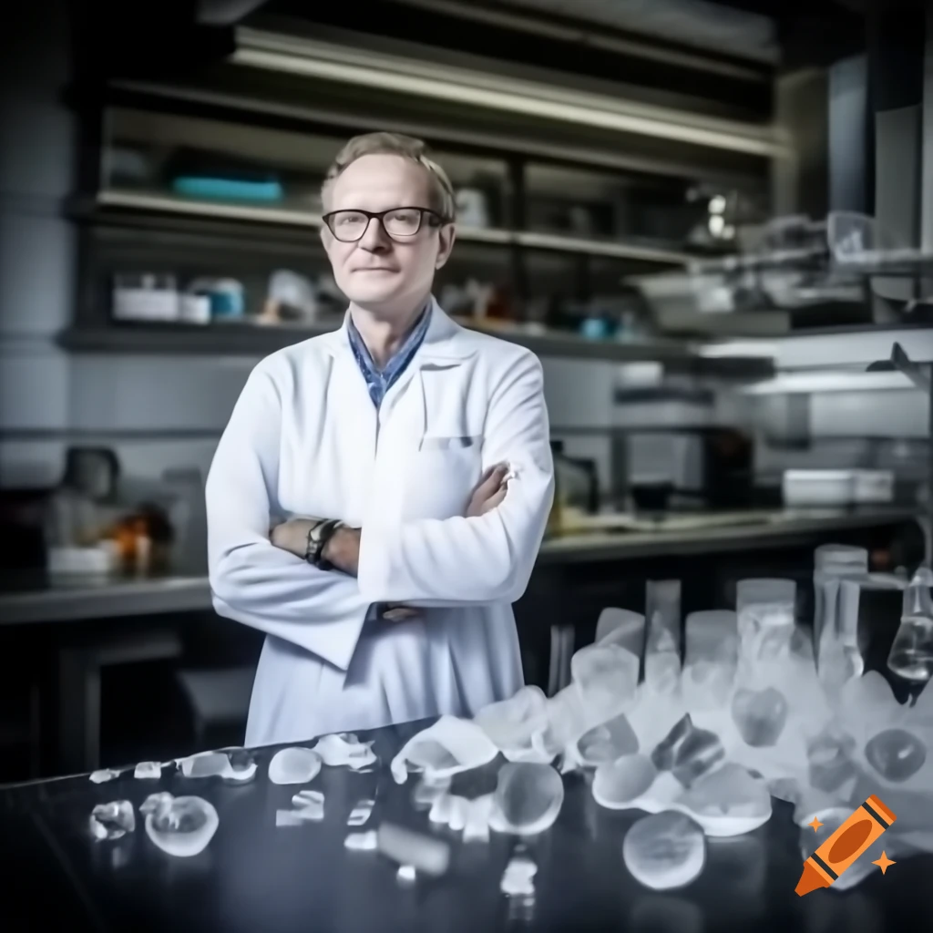 Male in lab cooking crystals with Netherlands flag and scattered glass jars