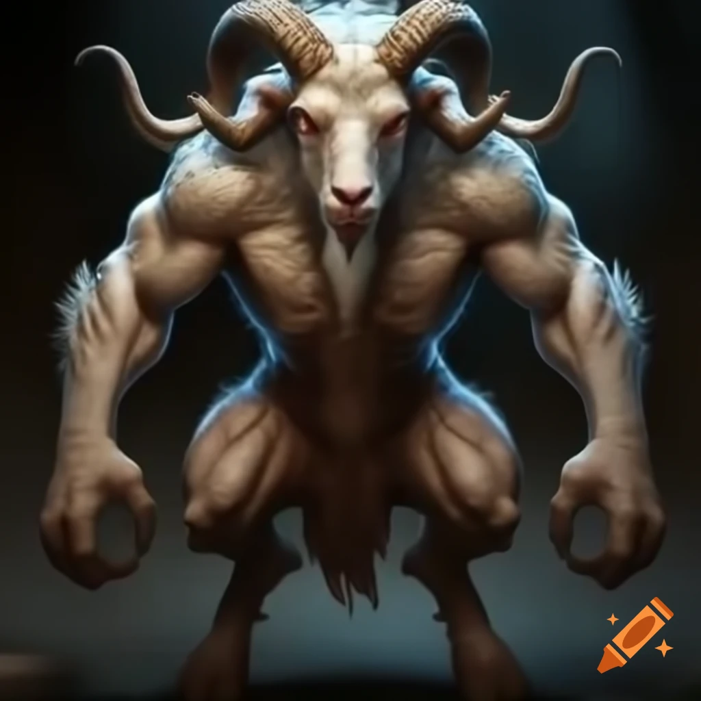 Goat-headed demon with large horns and muscular build in blue shorts