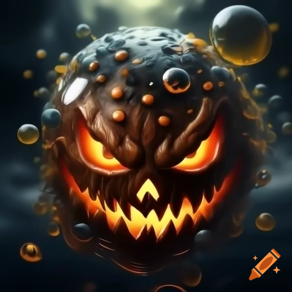 Hyper realistic fantasy monster bubble with brown eyes and Jack O' Lantern mouth, rainbow effect