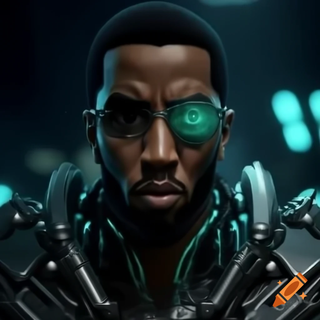 Cyberpunk character with cybernetic enhancements inspired by P. Diddy