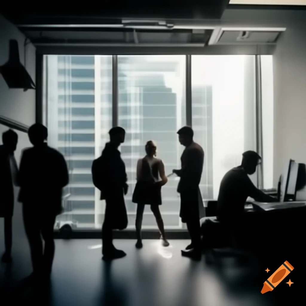 People conversing in modern office with high windows and bright sunlight, HDR photography