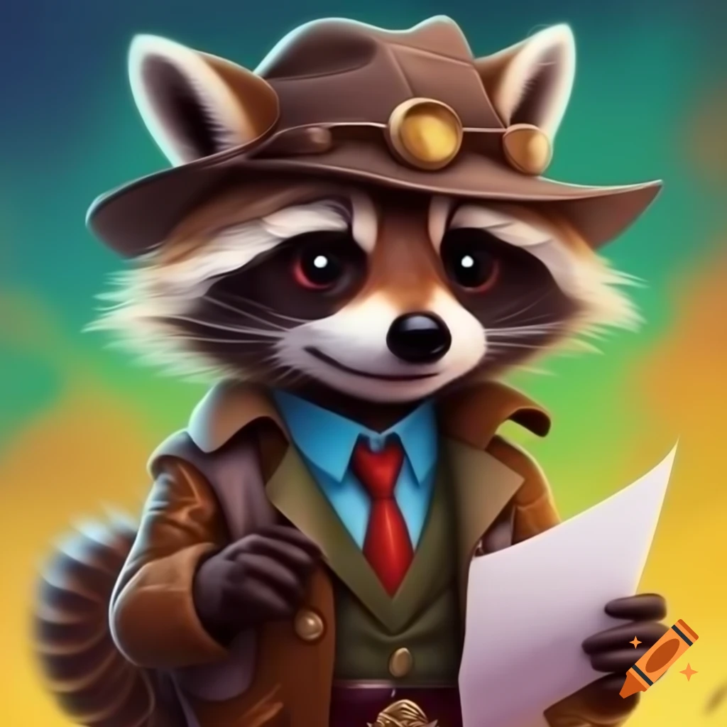 Fantasy comic of a raccoon detective solving a case with bright colored background
