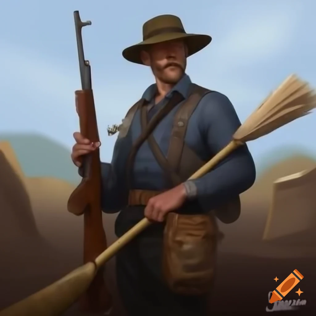 Man holding a rifle and broom simultaneously