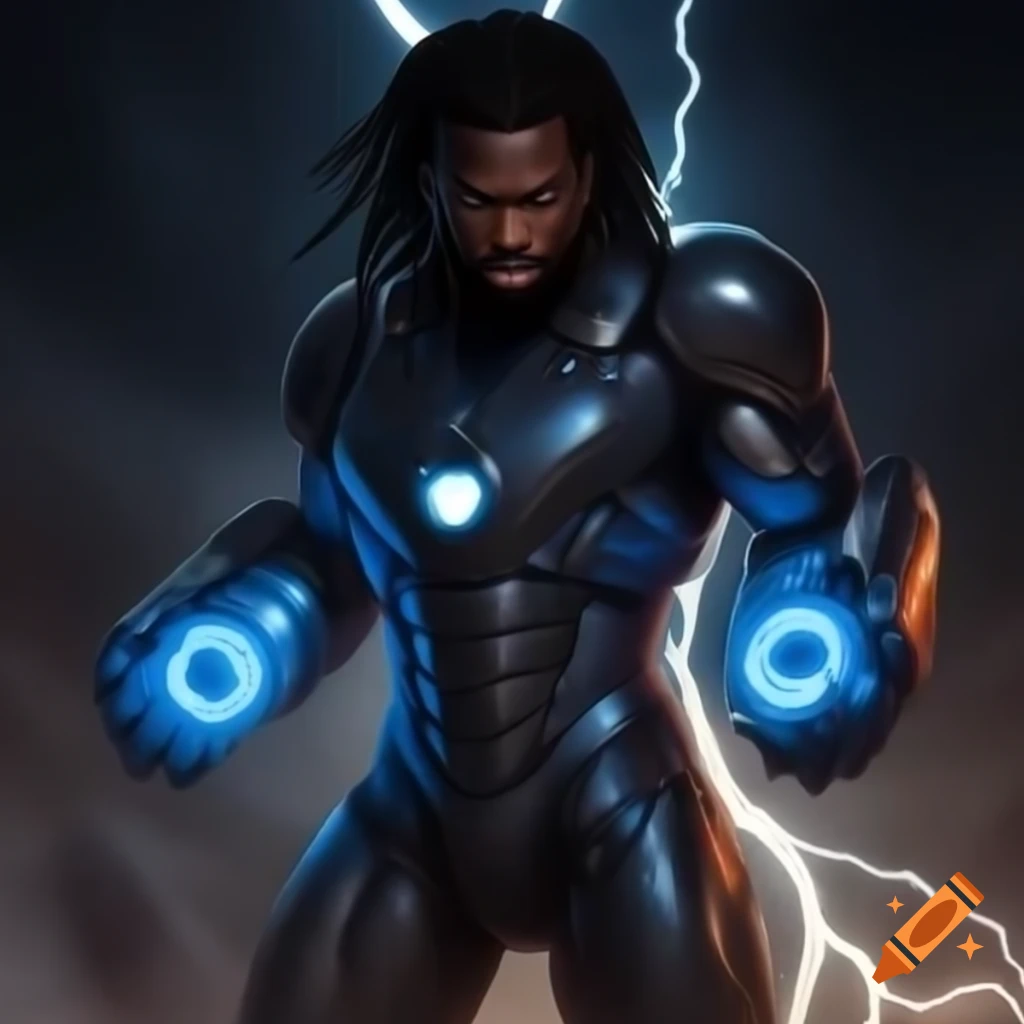 Young black man with lightning technology confronting an opponent in Iron suit, holding a sketchbook
