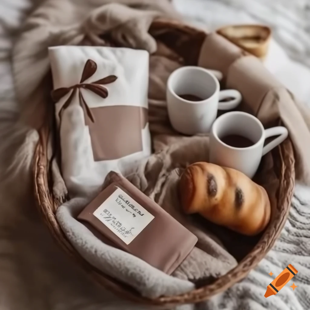 Cozy gift basket with hot chocolate, woven blanket, ceramic mugs, and fresh bread